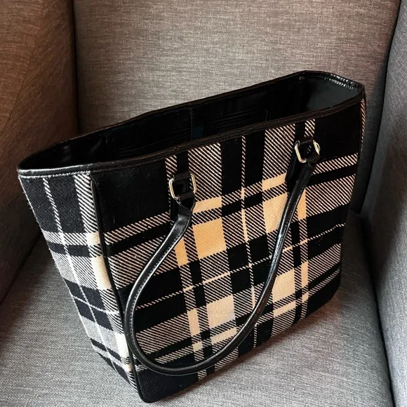 Banana Republic Black & White Plaid Wool Blend Tote Bag Y2K - Picture 3 of 5